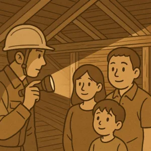 屋根裏でインスペクションの説明を受ける人たちのイラスト