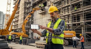 大規模修繕工事の施工管理現場でスマホを使う施工管理者