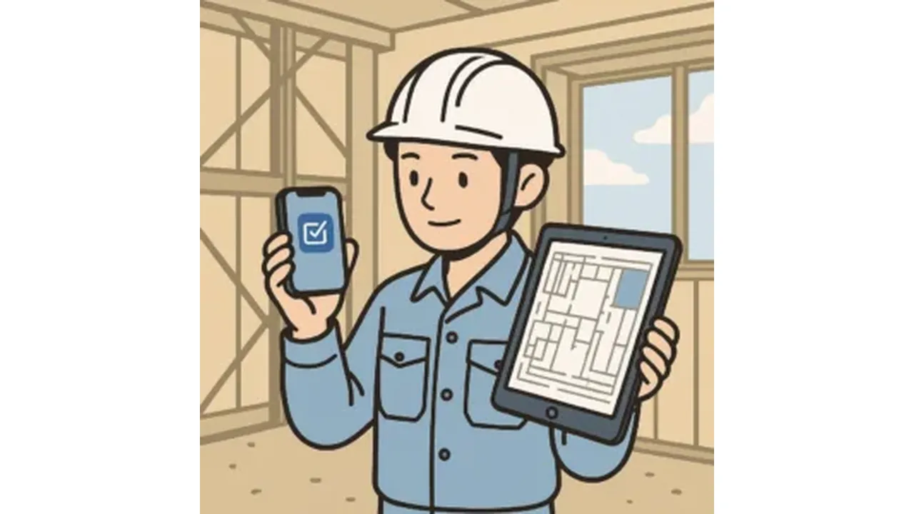 iPhoneやiPadを活用して施工管理をする人のイラスト