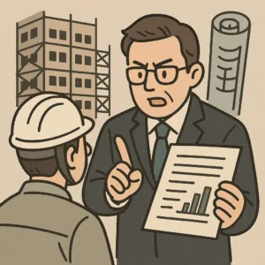 大規模修繕工事の設計監理業務をする一級建築士のイラスト