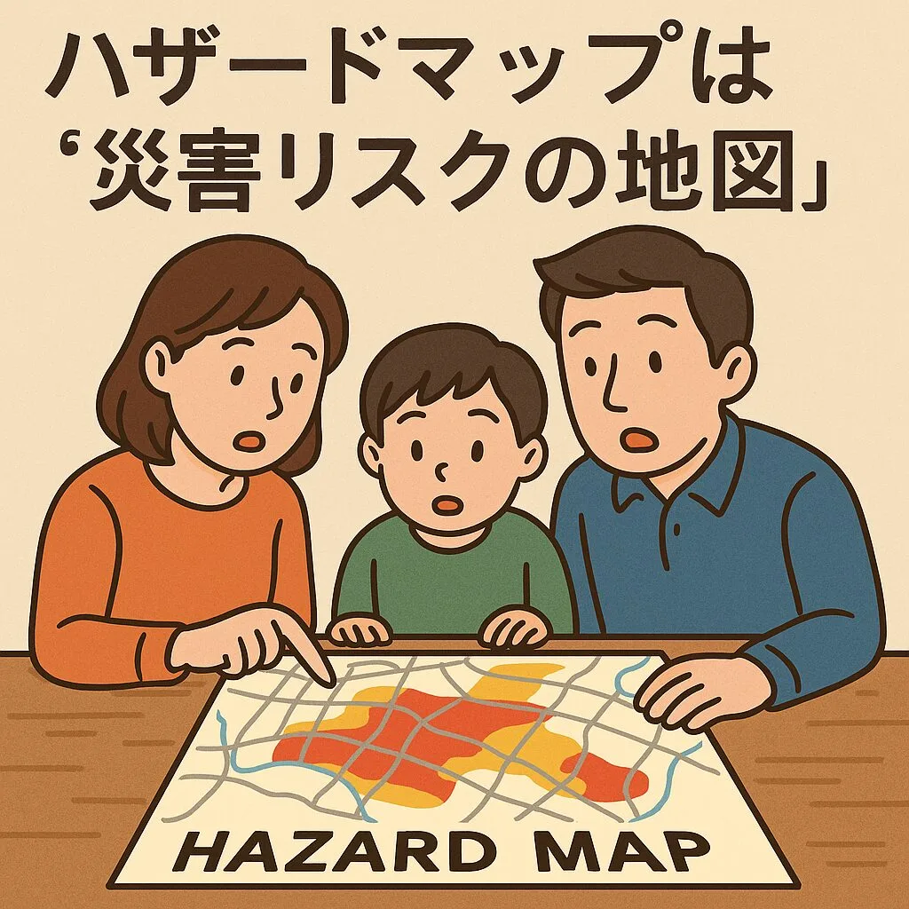 ハザードマップを確認する家族の絵
