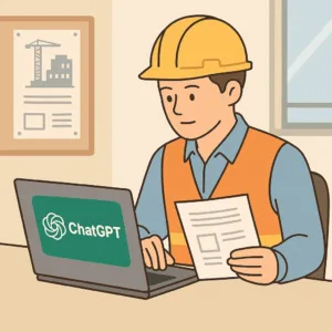 ChatGPTを利用して資料を作成する現場監督のイラスト