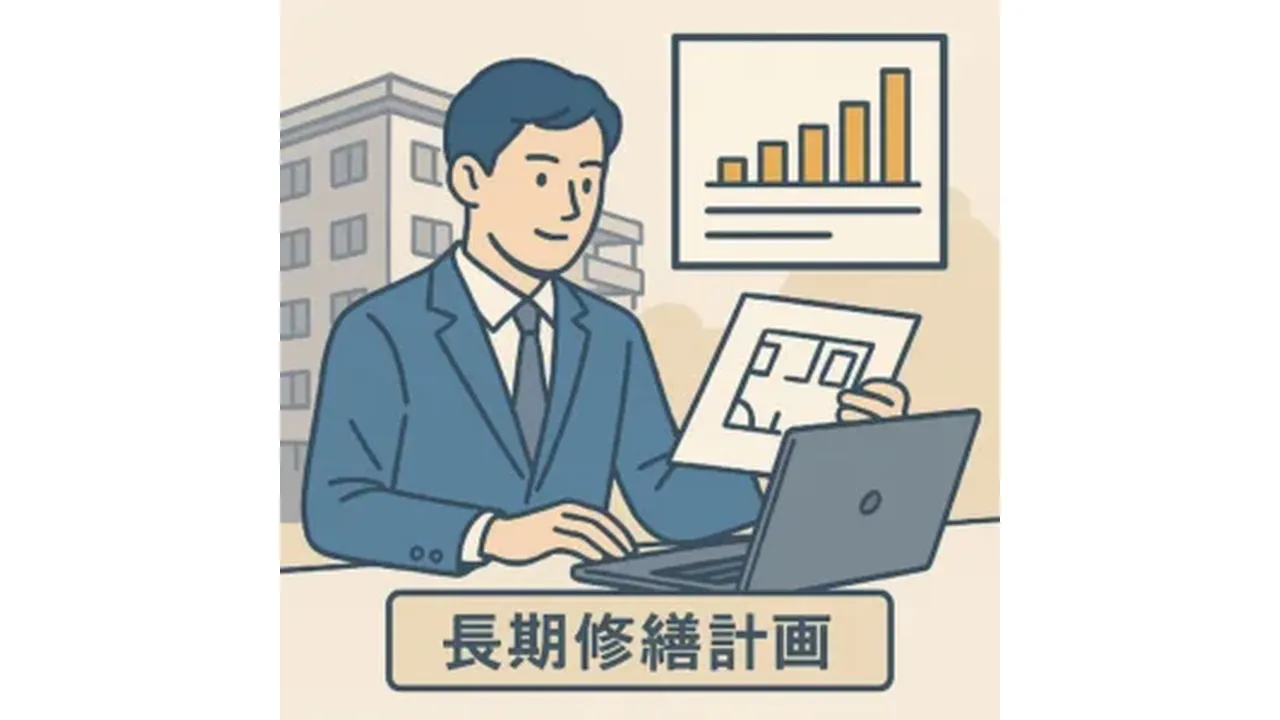 長期修繕計画を見ながらマンションの購入を計画する人のイラスト
