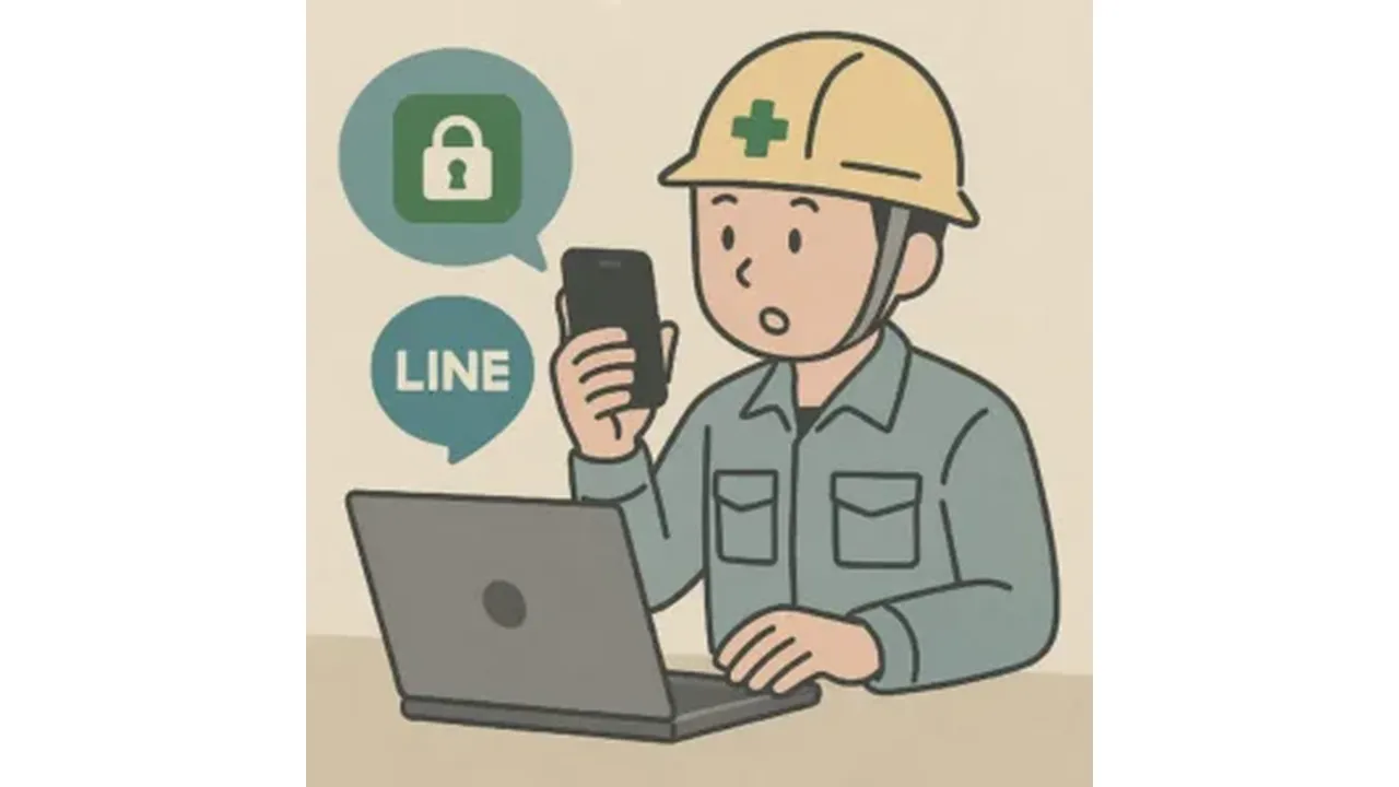 LINEでの情報のやり取りに疑問を持つ施工管理者のイラスト