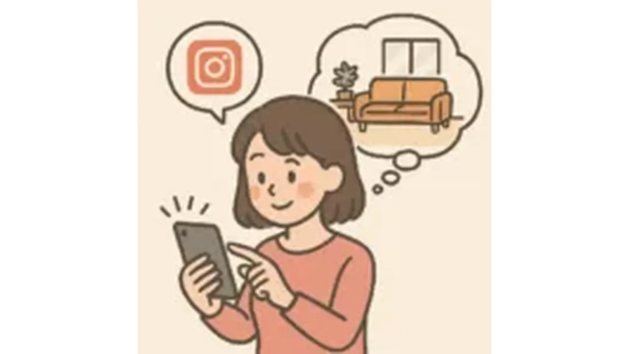 Instagramで家具を選ぶ人のイラスト