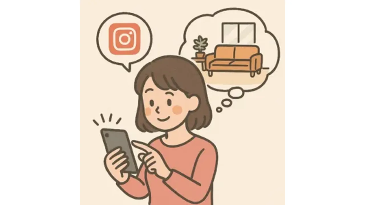 Instagramで家具を選ぶ人のイラスト