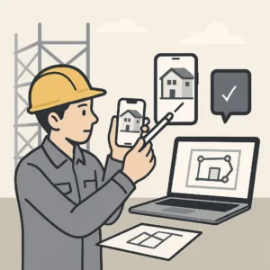 Mac・iPad・iPhoneで現場管理する人のイラスト