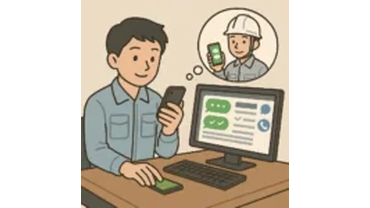 LINEを使用して施工管理をする人のイラスト