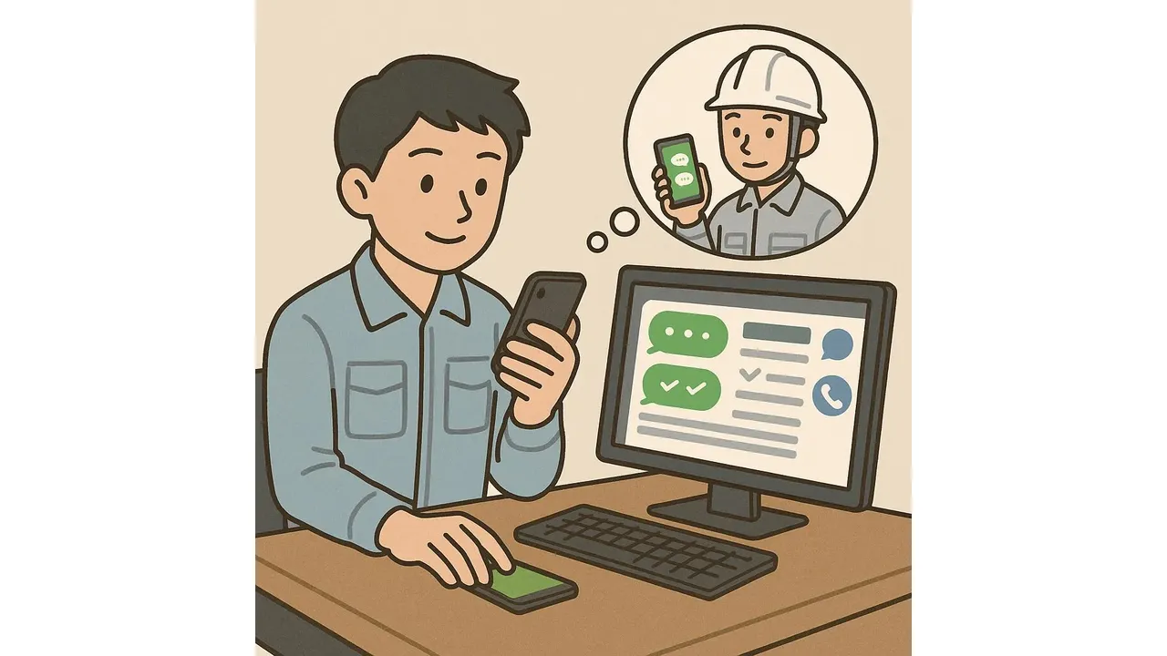 LINEを使用して施工管理をする人のイラスト