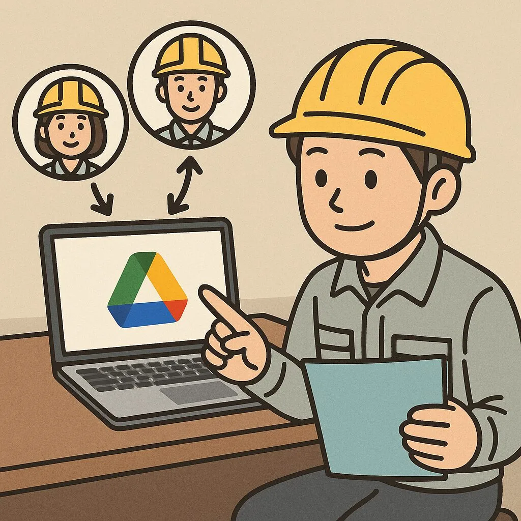 Googleドライブを活用する施工管理者のイラスト