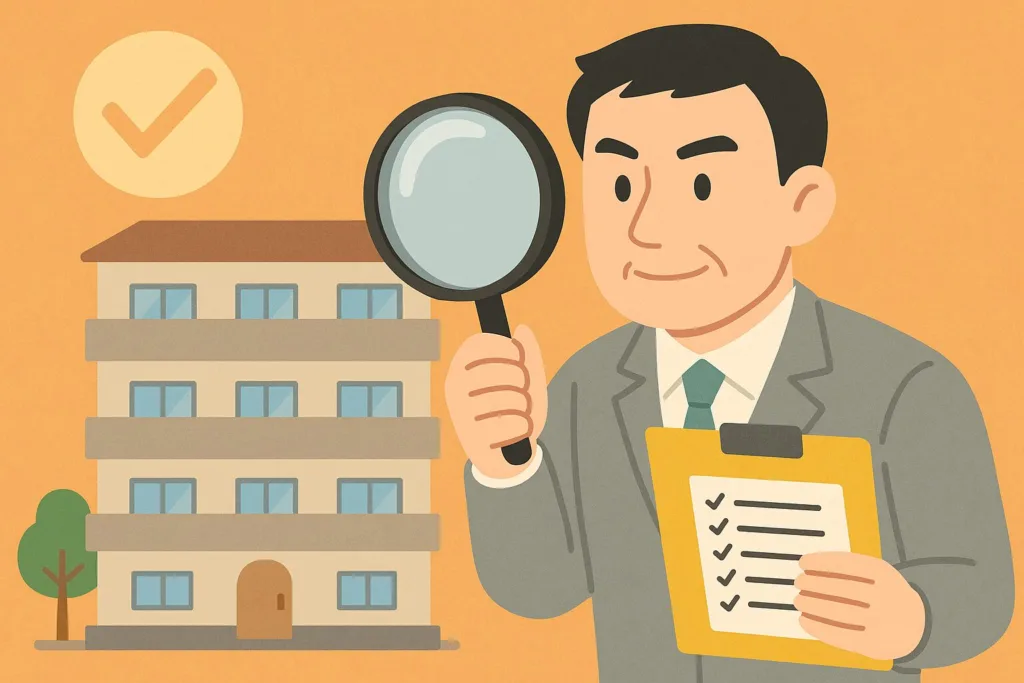 中古マンションの購入前に50項目チェックする人のイラスト
