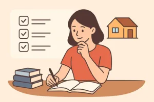宅地建物取引士の資格取得のため勉強する人のイラスト